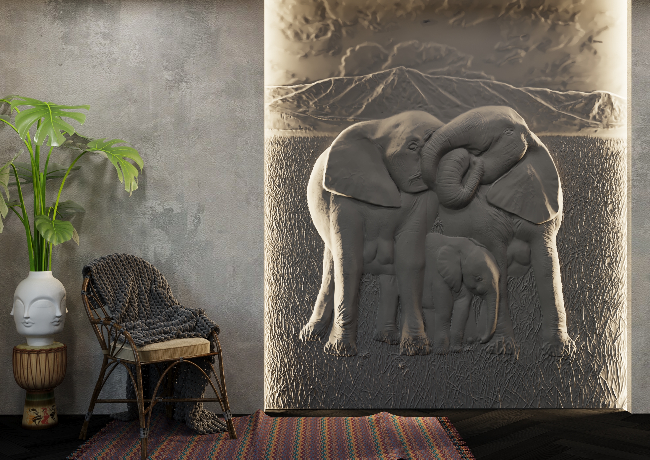 Bas-relief ELEPHANTS, module en plâtre, motif animalier