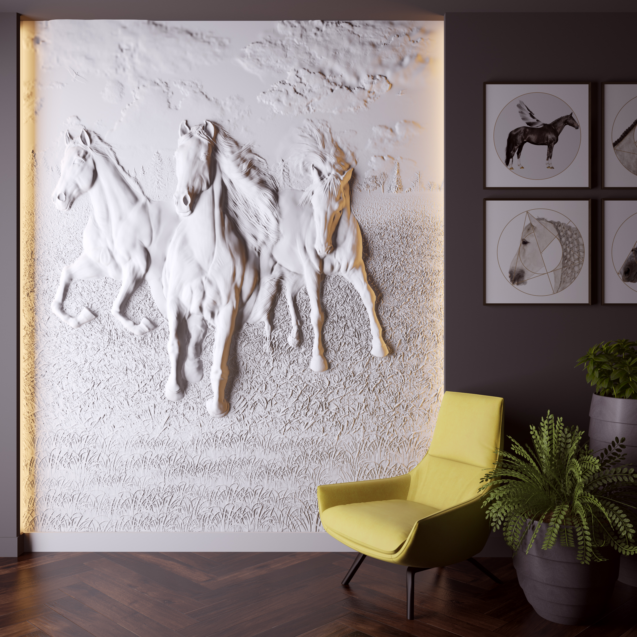 Bas-relief HORSES, module en plâtre, motif animalier