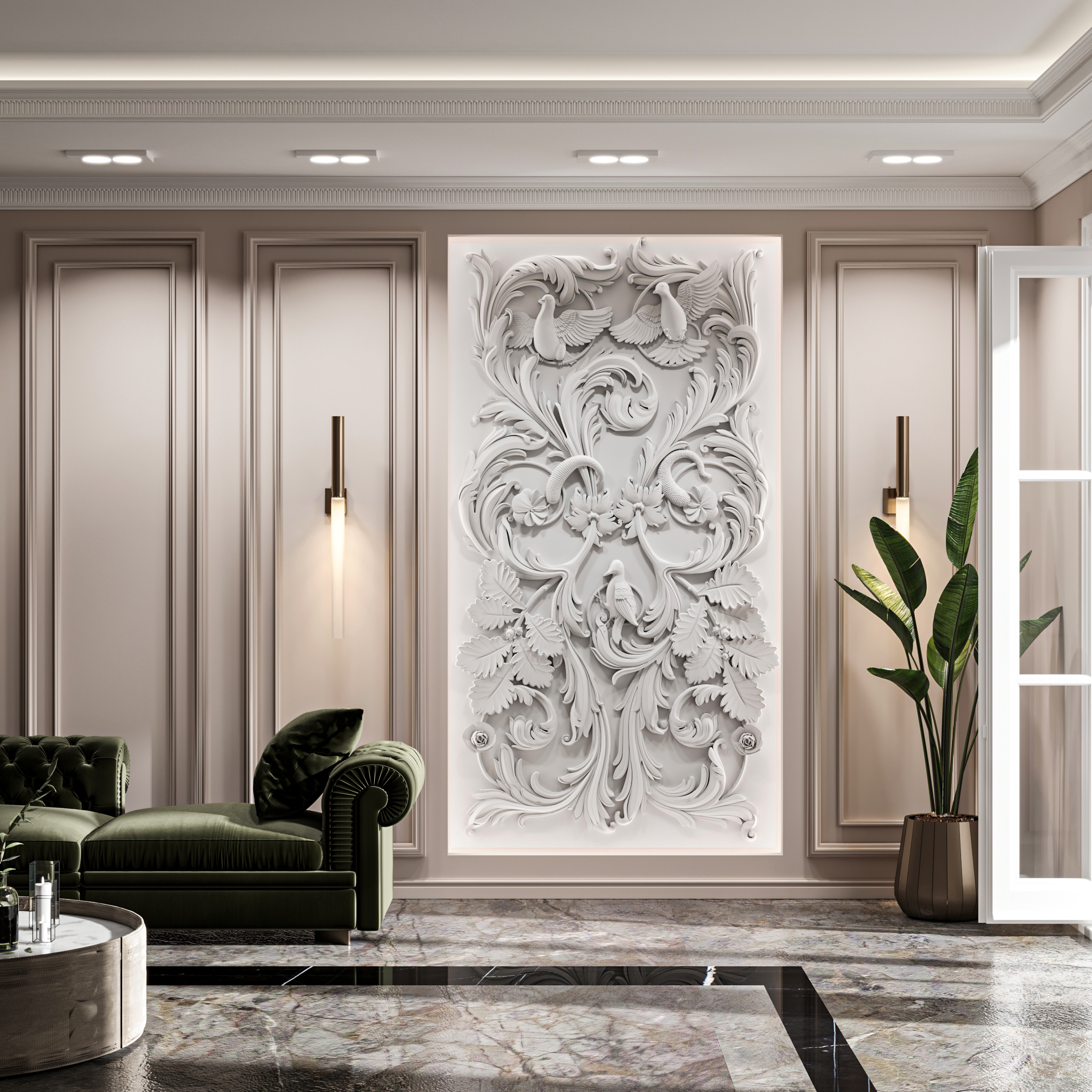 Bas-relief SYMMETRIC MELODY, module en plâtre, motif floral