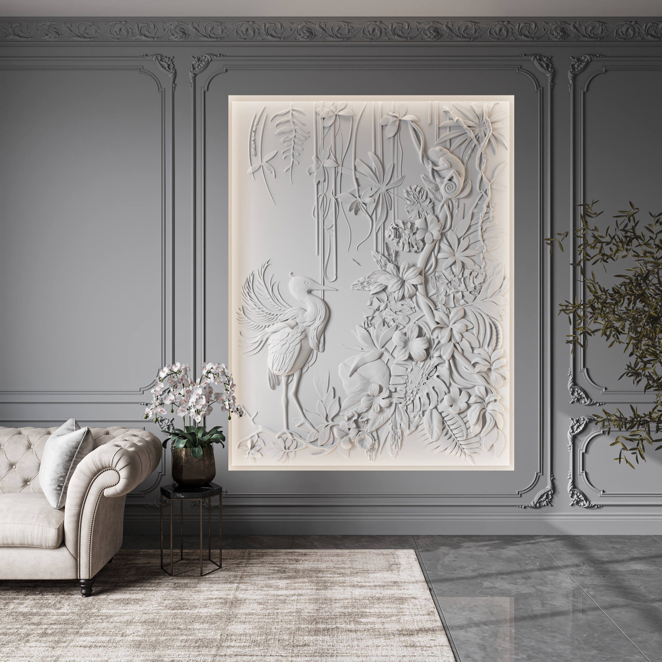 Bas-relief SPRING, module en plâtre, motif floral